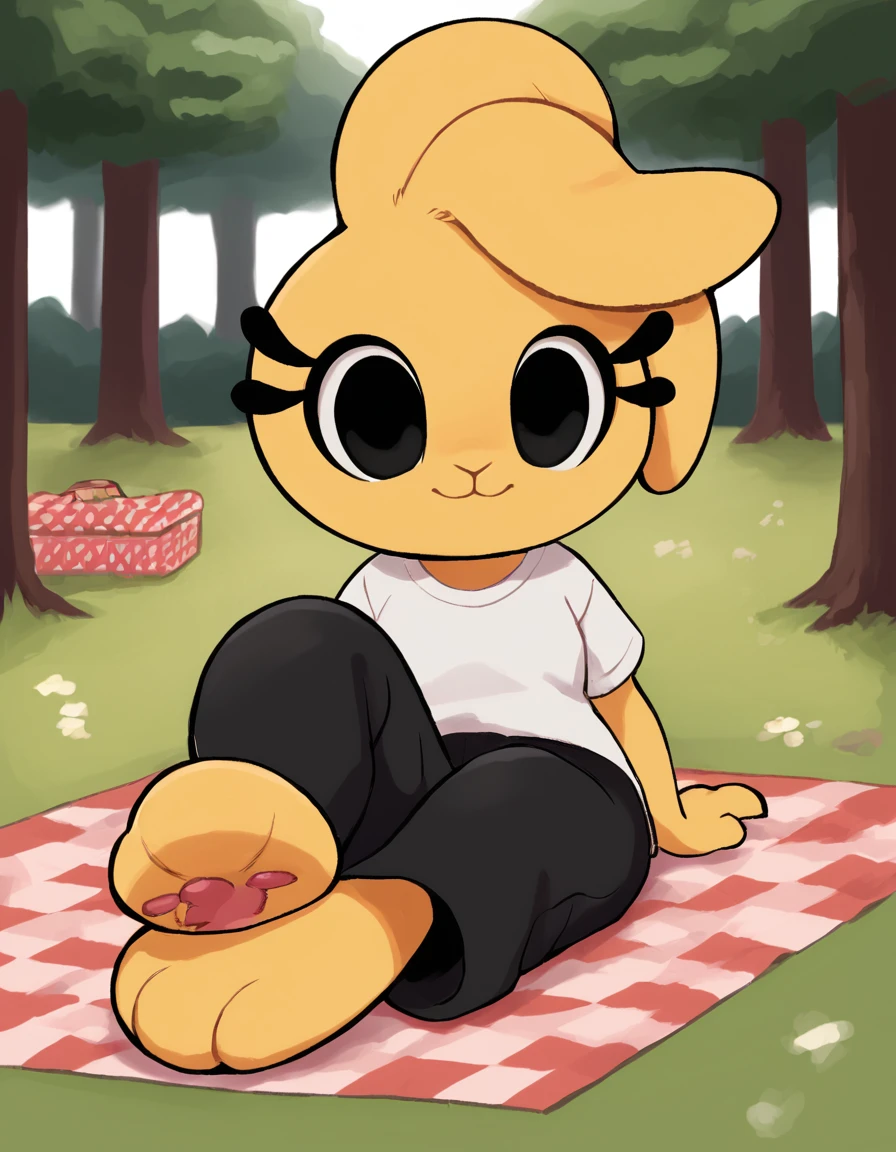 outdoors,forest,picnic,
Bonita,1girl,solo,animal ears,furry female,body fur,animal nose,black eyes,rabbit girl,yellow fur,rabbit ears,rabbit tail,
full body,facing viewer,smile,pink pawpads,
white t-shirt,black pants,
<lora:Bonita_v02_PDXL:1>,