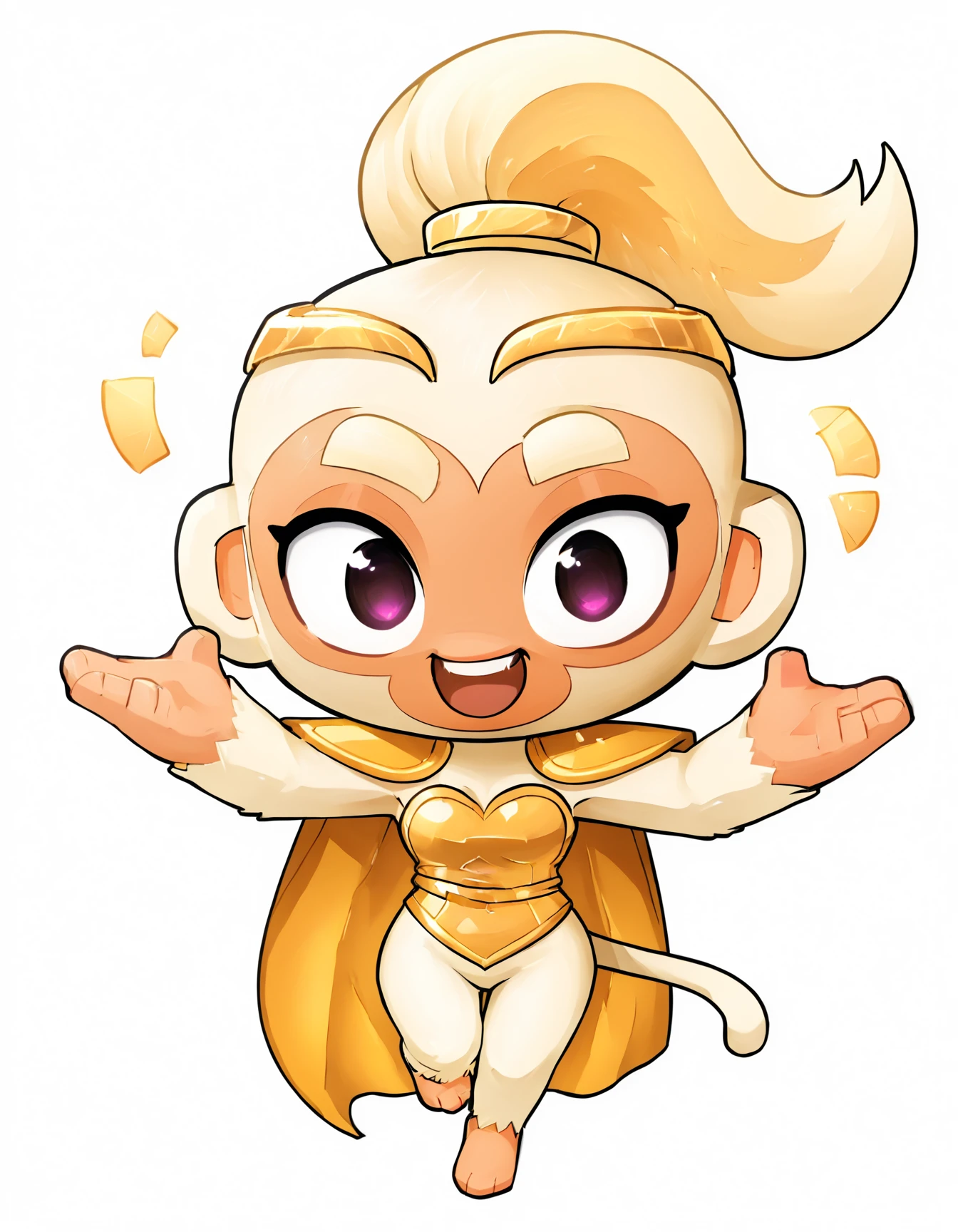 <lora:btdv4:1>,adora,white fur,gold cape,happy,furry,monkey,no nose,solo,chibi,white background, 1girl,parody,highres,tail, simple background,