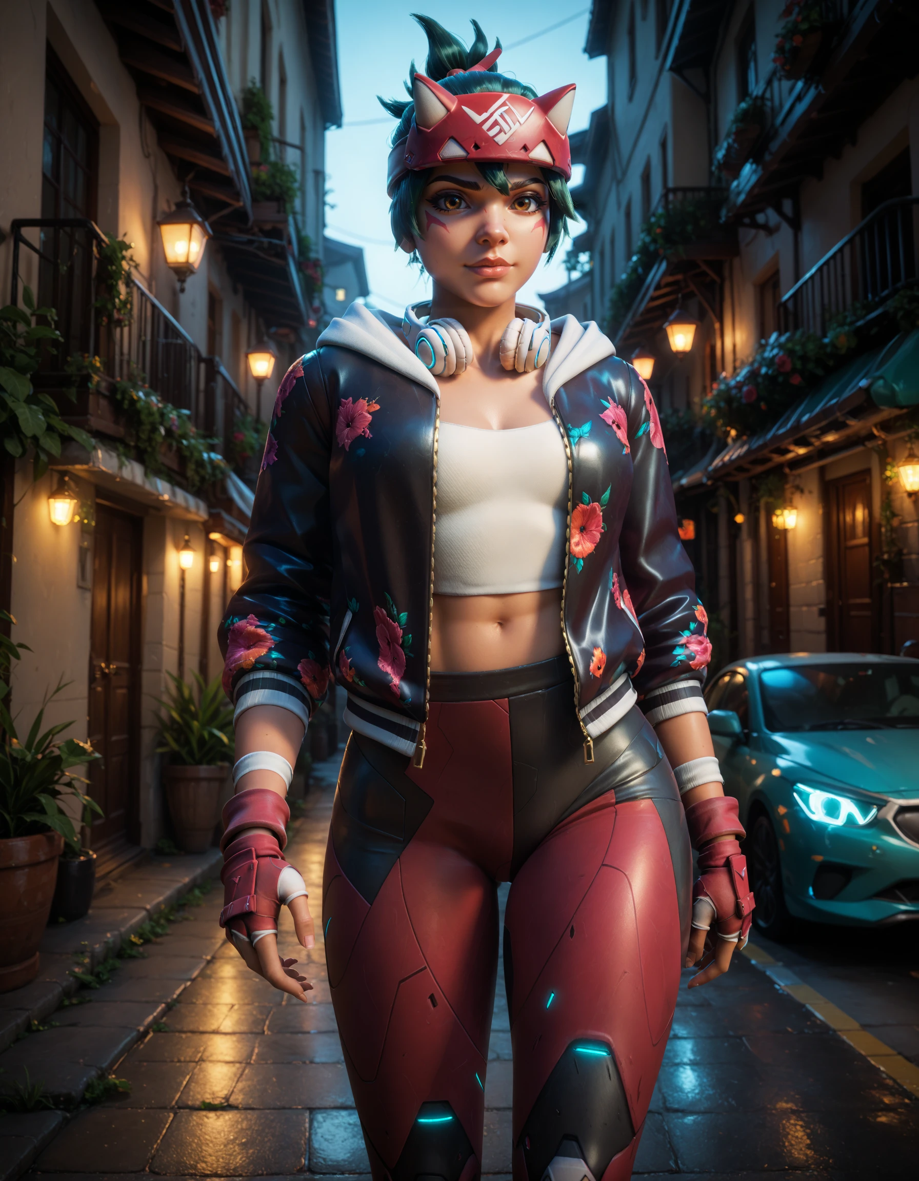 score_9, score_8_up, score_7_up, 1girl,   athleisure, kiriko (overwatch) , green hair, <lora:Athleisure Kiriko-000030:1>  Elegant Sway: Stand with one hip slightly forward and sway your hips gently creating a graceful and alluring silhouette.