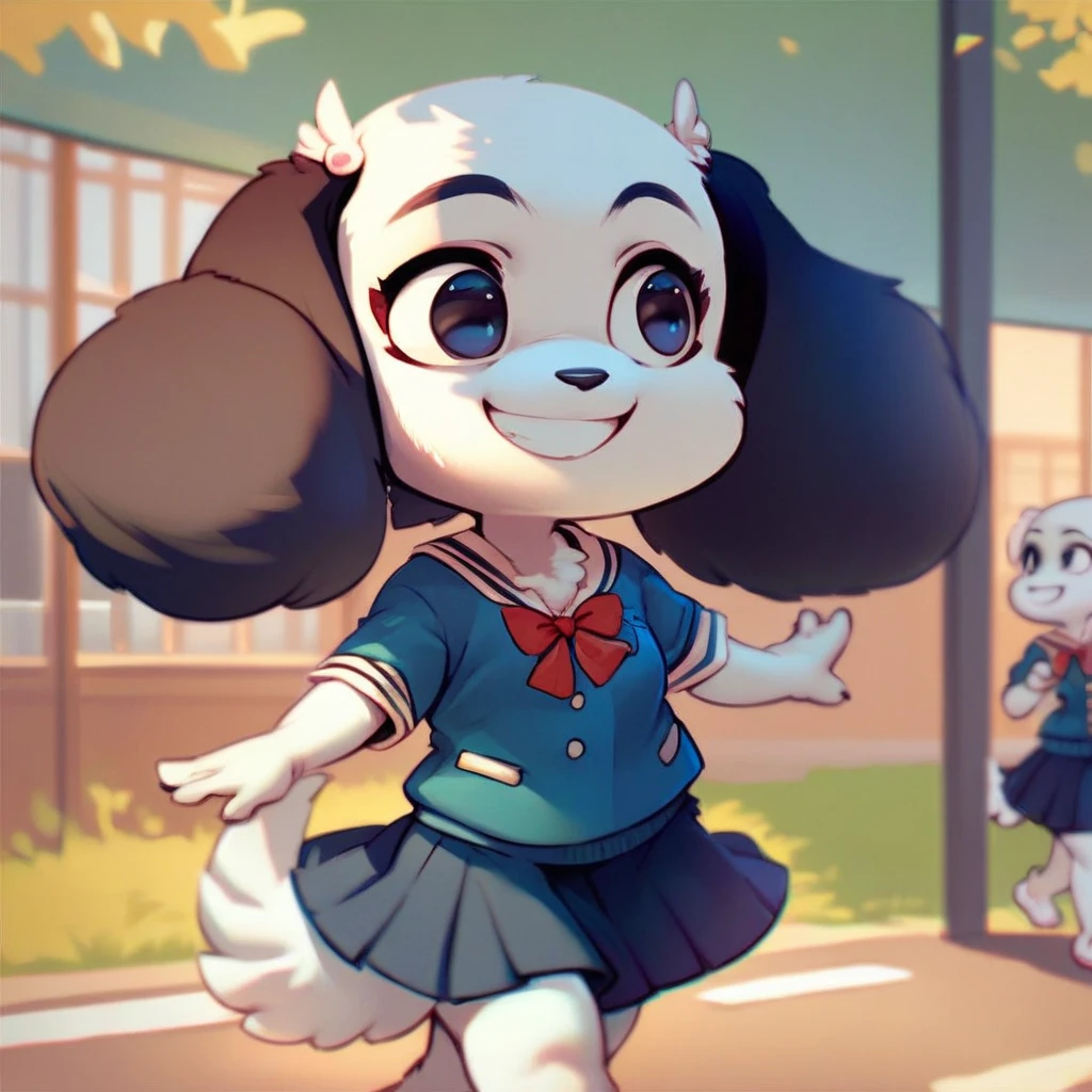 score_9, score_8_up, score_8, score_7, source_cartoon, source_furry, Dog, dog girl, dog ears, white fur, Black ear, black eyes, shortstack, black nose, short tail, fluffy tail, Japanese schoolgirl uniform, happy, smiling, walking down the sideways, neighborhood setting,