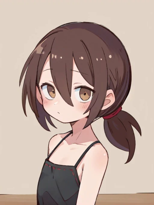 (masterpiece, high quality:1.4), BREAK,
1girl, teen, solo, (medium hair:1.2), (low ponytail:1.25), brown hair, hair between eyes, narrow waist, brown eyes, flat chest, <lora:low_ponytail-1.0:1>, 
black camisole, sleeveless, 
upper body, 
BREAK,