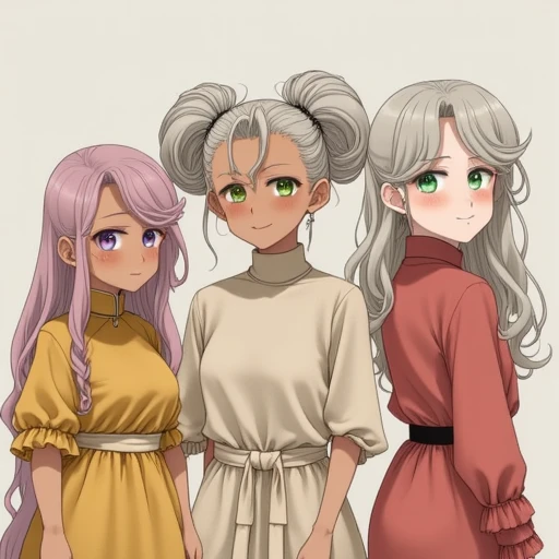 each with unique hairstyles and outfits. The background is a simple, and her skin has a soft, innocent appearance. She has large, with the rest cascading down in two long, porcelain complexion. She wears a high-collared, a small, fair skin tone.