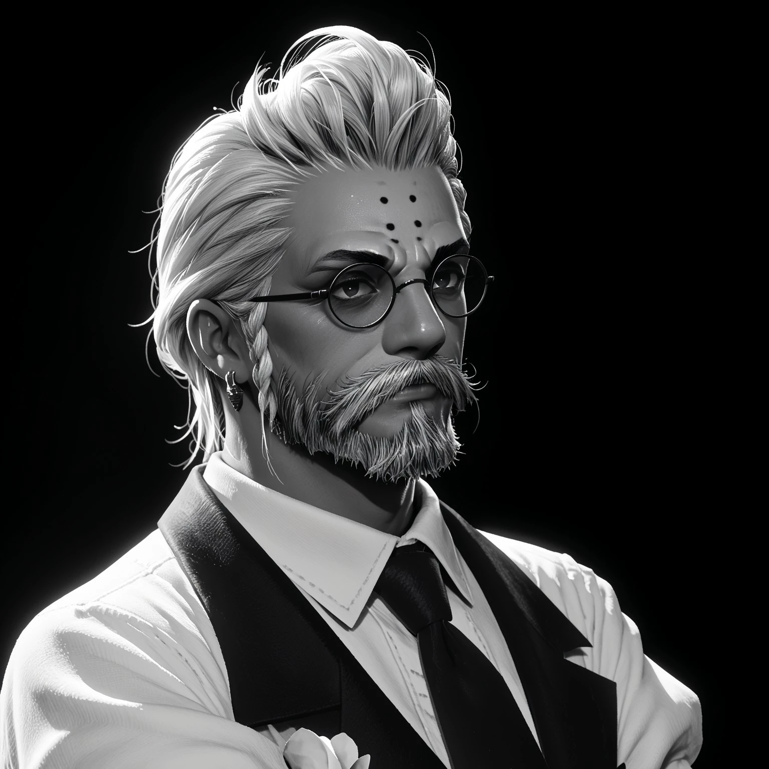 score_9, score_8_up, score_7_up, score_6_up, score_5_up, score_4_up, g0db3rt, the manderville man, facial hair, beard, 1boy, monochrome, greyscale, male focus, solo, glasses, braid, old man, mustache, jewelry, english text, old, earrings, black background, necktie, cinematic angle, cinematic lighting