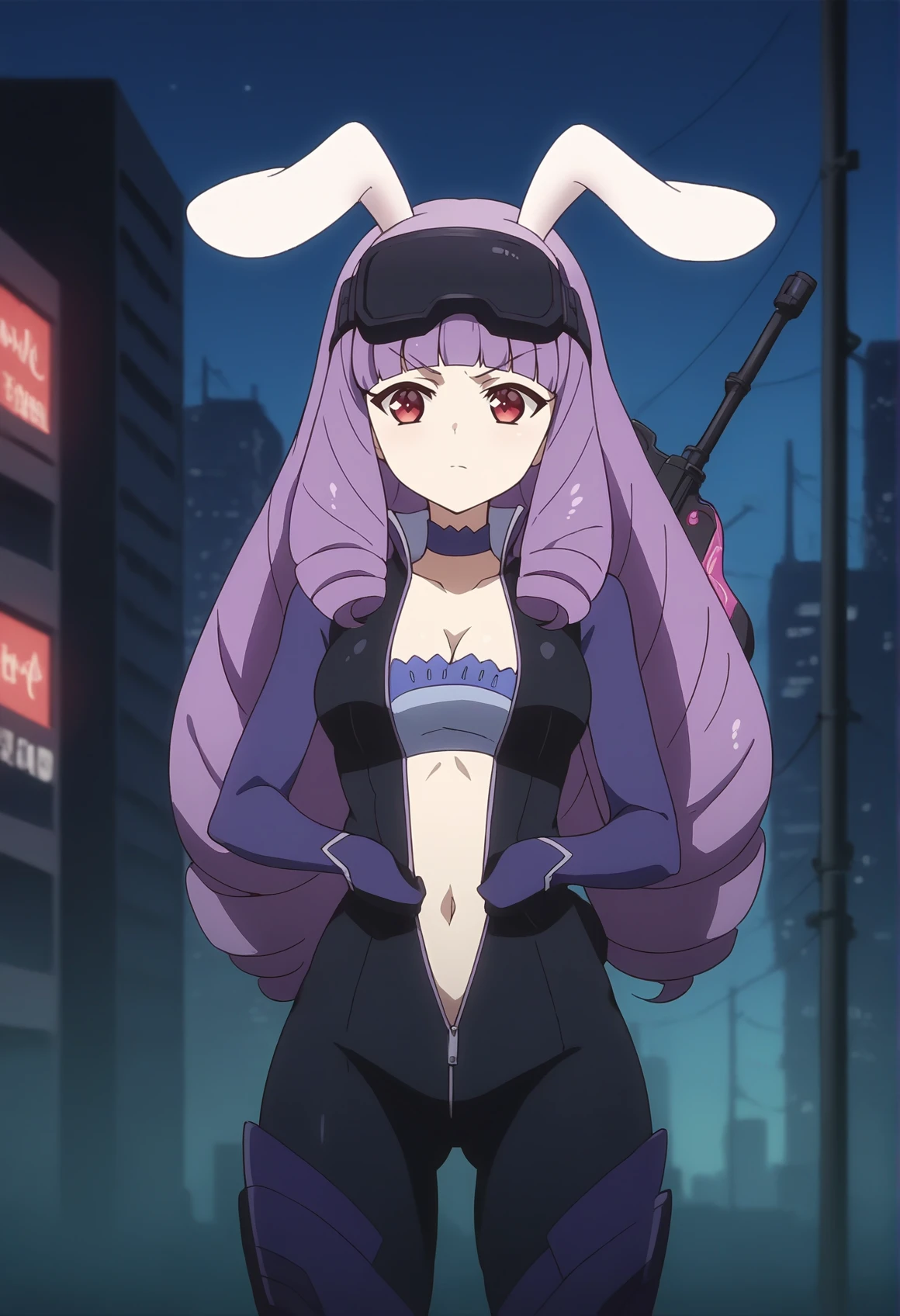 1girl, long hair, curly hair, purple hair, drill hair, blunt bangs, red eyes, rabbit ears, rabbit tail, bodysuit, medium breasts, unzipped, cleavage, navel, choker, holding rifle, head-mounted display, leds, rooftop, skyscraper, night, holding rifle  <lora:show_by_rock_chu_chu:1>, score_9, score_8_up, score_7_up, score_6_up, score_5_up, score_4_up, BREAK source_anime, masterpiece