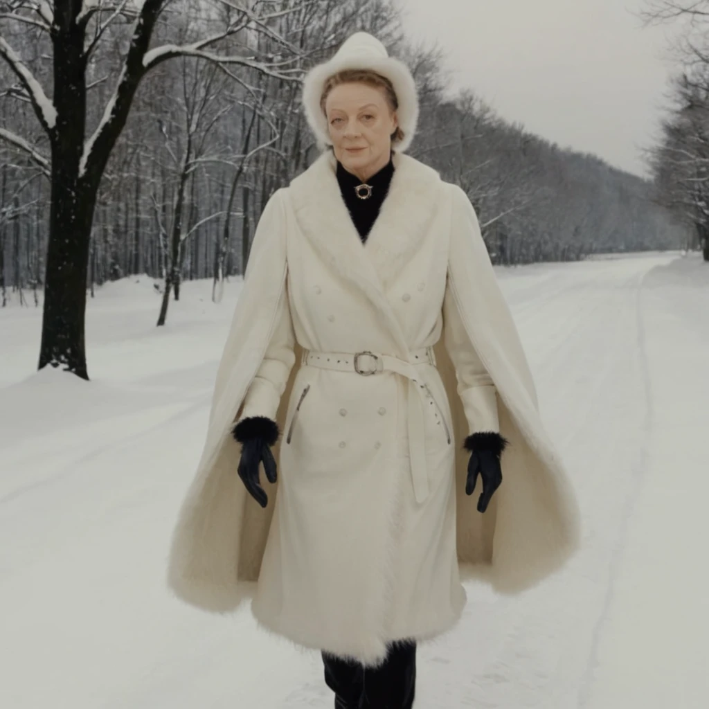 Minerva McGonagall, portrait, solo, single person, 1girl, modern 4K movie screencap, UHD 8K, Maggie Smith, white ushanka, oversized hood with fluffy edges, long white winter coat with fur edges, white fur trim,white snow shawl with fur edges, Waist Belt, Layered Design, white boots, gloves, cinematic angle, volumetric lighting