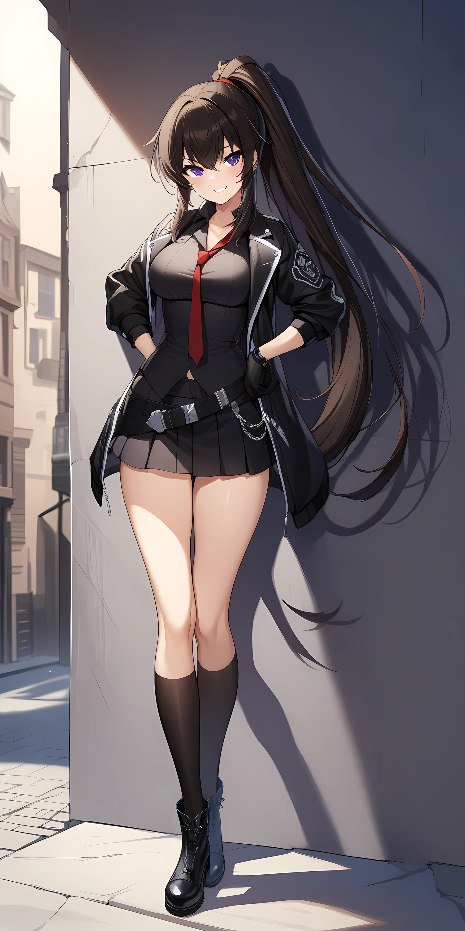 yoo_mina, 1girl, solo, long hair, purple eyes, gloves, necktie, black gloves, ponytail, skirt, jacket, shirt, full body, very long hair, black jacket, open clothes, black shirt, black footwear, leaning on the wall, dark alleyway background, looking at viewer, hands on hip, smile, <lora:Yoo_Mina:1>, (masterpiece),(best quality),(ultra-detailed),(best illustration),(best shadow),(absurdres),(detailed background),(very aesthetic),