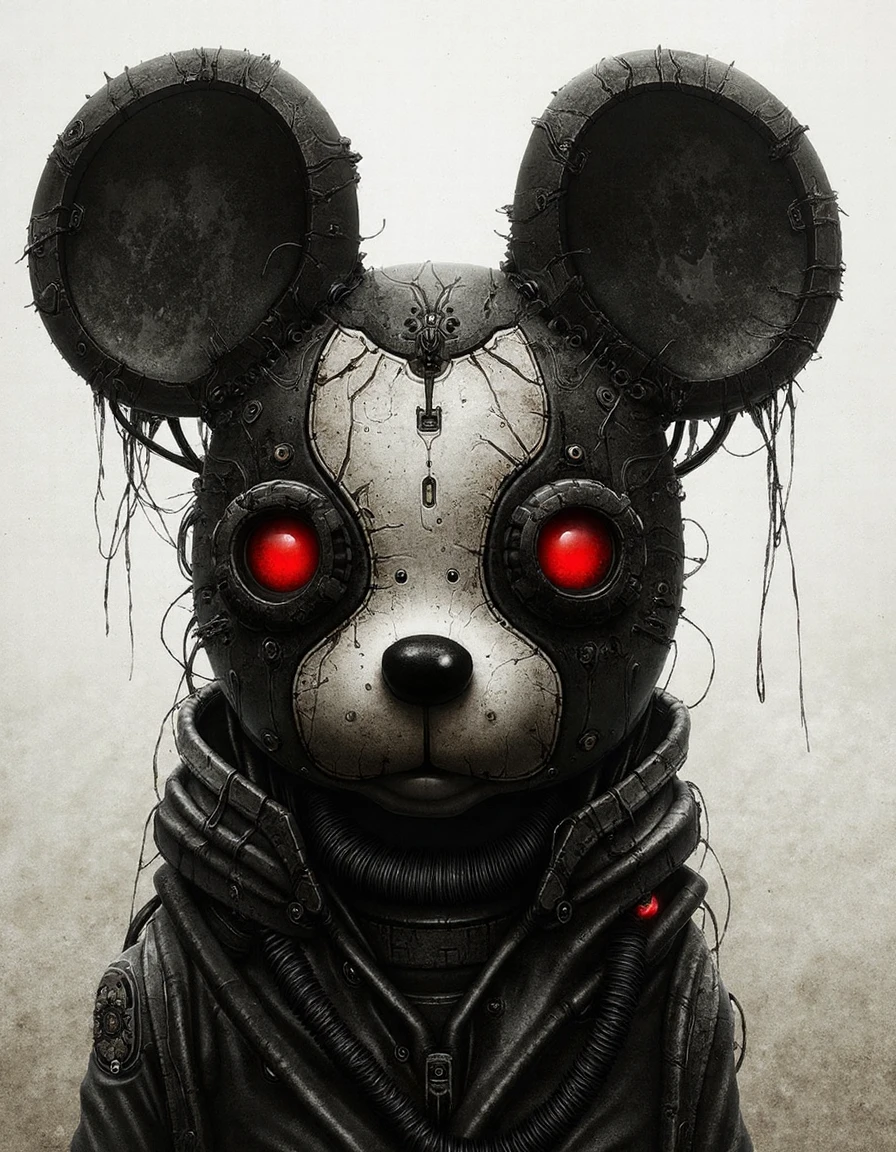 detailed digital drawing in a dark, gothic cyberpunk style, depicting a biomechanical Mickey Mouse with glowing red eyes. 
 <lora:shichigoro2:1>