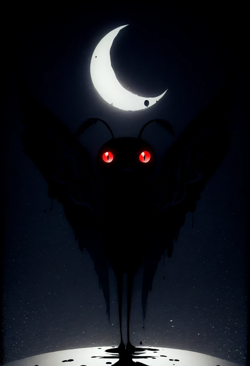 masterpiece, best quality, solo, looking at viewer, <lora:Mothman-illus_Fp:1>, mothman, pokemon \(creature\), no humans, wings, glowing eyes, shadow, (silhouette:1.2), dim lighting, red eyes, surreal, close-up, abstract, staring, moon, ink, monochrome,