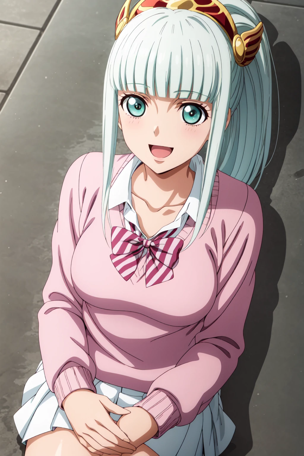 best quality, anime screencap, anime coloring, 1girl, solo, long hair, bangs, hair ornament, green eyes, ponytail, silver hair, sidelocks, blunt bangs, lailah_fethmus, skirt, shirt, long sleeves, bow, school uniform, collarbone, white shirt, pleated skirt, striped, collared shirt, red bowtie, dress shirt, white skirt, striped bow, striped bowtie, (pink sweater:1.3), smile, open mouth, Lying on the stomach with chin resting on hands, legs crossed at the ankles, looking up with intrigue