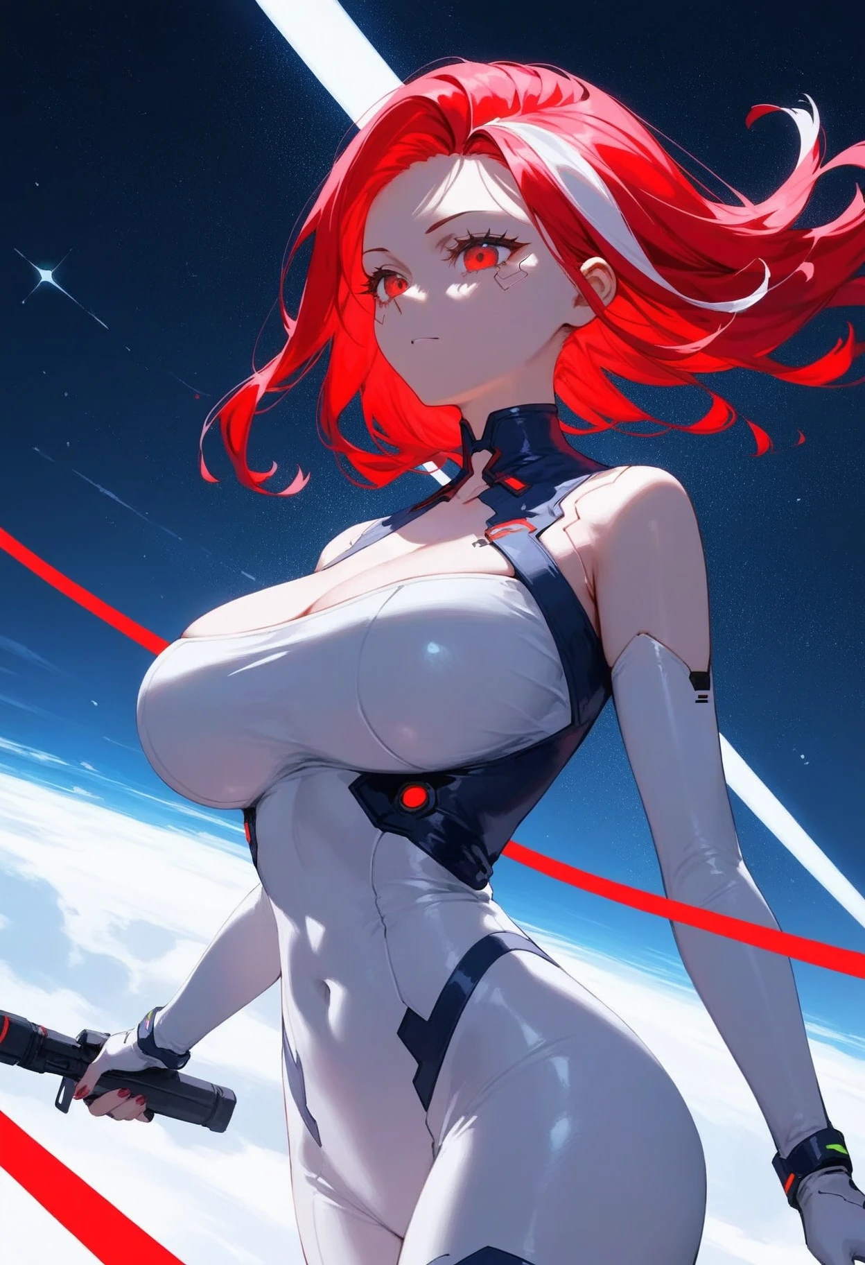 score_9,score_8_up,score_7_up,source_anime,1girl,majusakapony,two-tone hair, red hair,red eyes,huge breasts,white_bodysuit,cyberpunk, space station,    