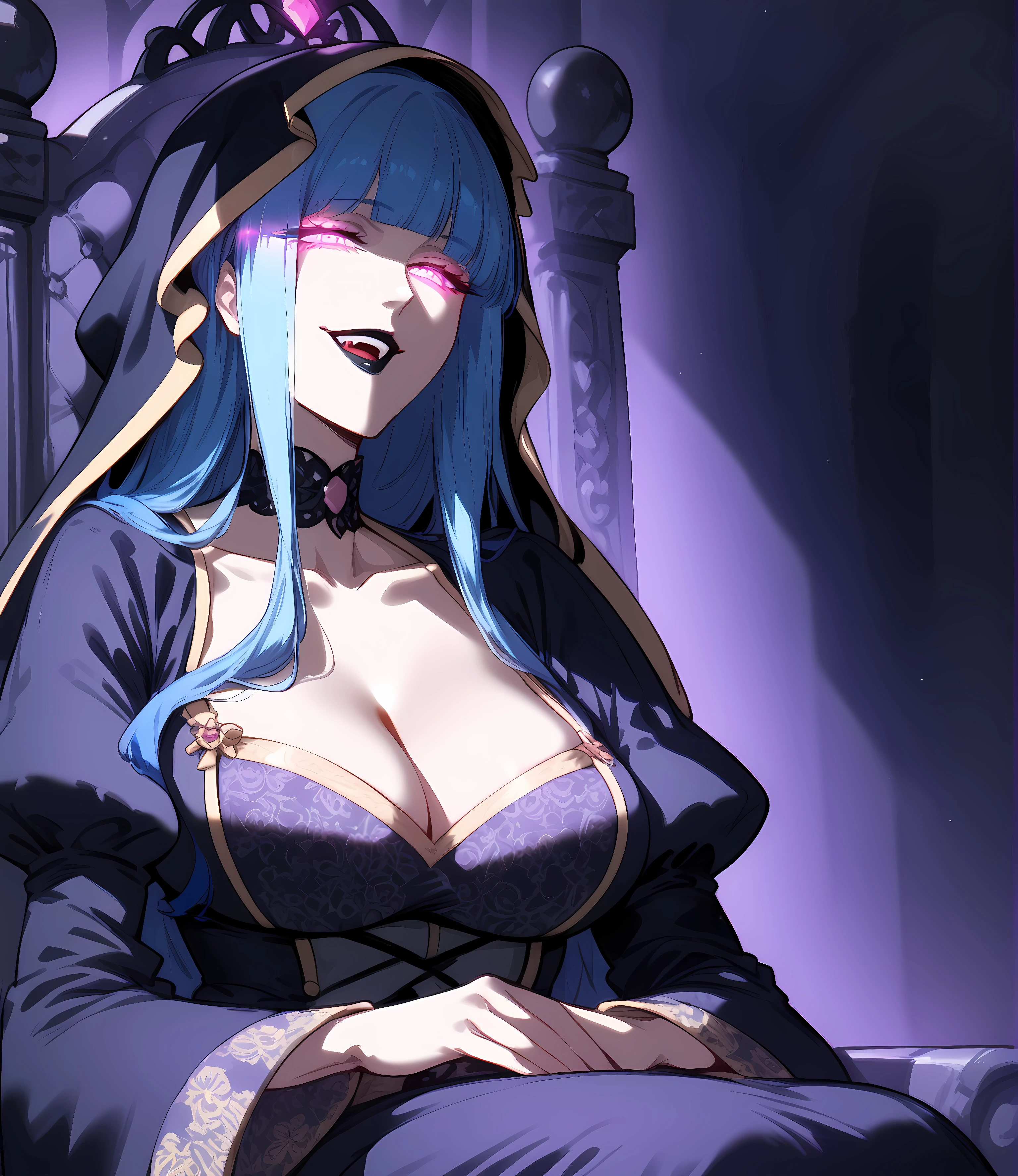 rating_all, score_10, score_9_up, score_8_up, score_7_up, source_anime, sharp focus, official art, slowmo, absurdres, depth of field, complex background, ultra detailed, 1girl, solo, lamashtu, pink eyes, blue hair, blunt bangs, long hair, makeup, black lipstick, lamashtu dress, hood, parted lips, wide smile, half-closed eyes, glowing eyes, charisma, pure evil, evil, Expressiveh, 4k, 8k, 16k, highly detailed, high res, shiny skin, dark theme, purple theme, luxury vampire castle, bokeh, cleavage, collarbone, (crossed arms:1.5), long sleeves, wide sleeves, royalty, smug, (charisma), laugh, sound effect, sitting, open mouth, narrow waist, throne,
