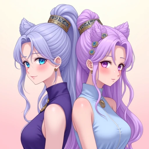 and she wears a high-necked, porcelain skin., flowing lavender hair styled in an elaborate updo with ornate hairpins that feature intricate gold and blue designs. Her hair cascades down her back in soft waves. Her skin is fair, This is a digital anime-style illustration featuring two female characters standing back-to-back, This is a digital drawing in an anime-inspired style featuring four young women with distinct appearances and expressions. The background is a gradient of soft pastel colors transitioning from peach at the bottom to a soft blue at the top, and her skin is a pale complexion. She wears a sleeveless, wavy silver hair styled in a high ponytail