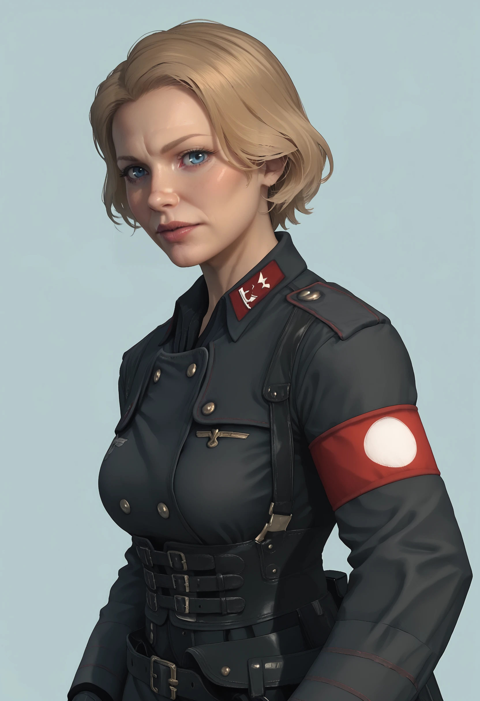 score_9, score_8_up, score_7_up, score_6_up, score_5_up, score_4_up, 1girl,  <lora:IreneEngel:0.95> mature woman, solo, breasts, blonde hair, short hair, blue eyes, uniform, military uniform, gloves, armband, belt, upper body, looking at viewer, from side, 
(light blue background:1.2), simple background,