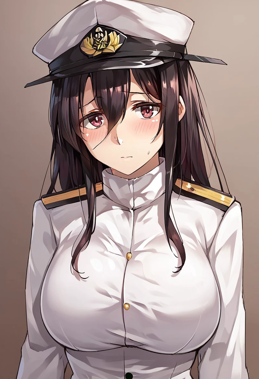 score_9, score_8, score_7, source_anime, female admiral (kancolle), military uniform, 1girl, solo, looking at viewer, naval uniform, hat, peaked cap, blush, large breasts