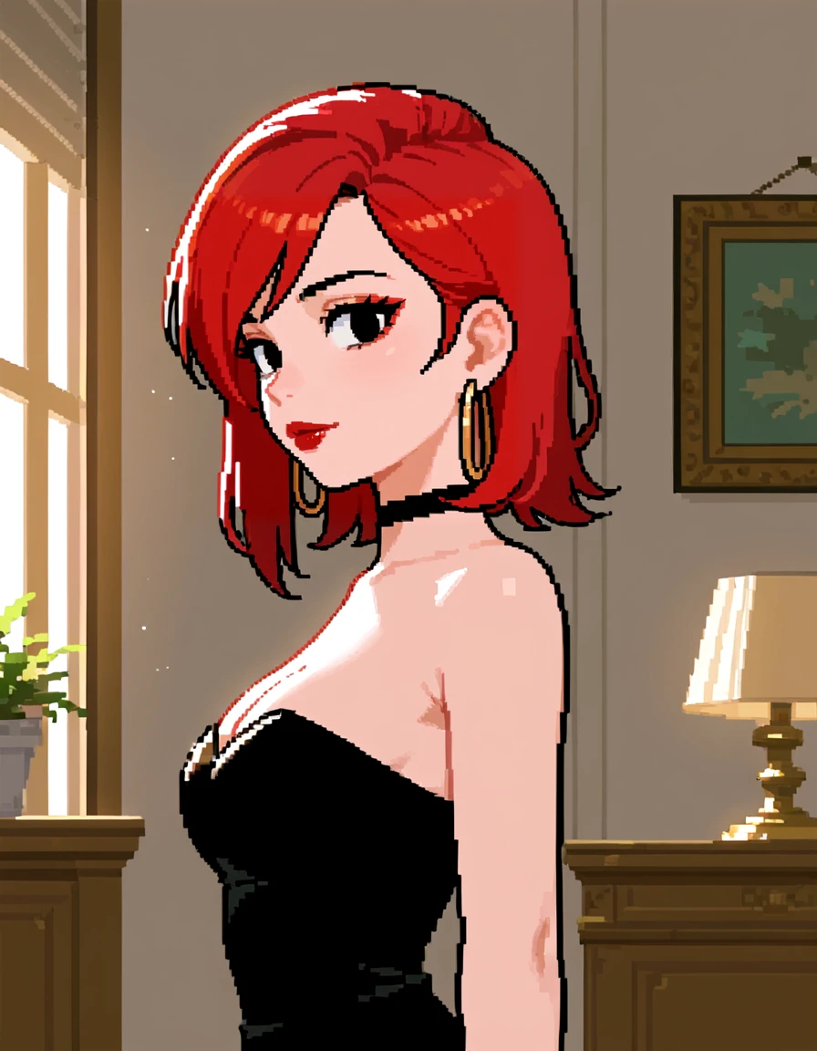 <lora:PonyXL - Razor - Maniac Mansion - 1990 - Epoch 8:0.5>, pixelart, MM_Razor, 1girl, red hair, swept bangs, straight hair, strapless dress, razored hair, medium hair, asymmetrical hair, black eyes, breasts, cleavage, punk, jewelry, single hoop earring, makeup, red lipstick, black choker, black dress, slit dress, bare shoulders, shoulders, neck, face, indoors, looking at viewer, facing forward, close up, portrait, face turning to viewer, ass, ass focus, source_cartoon, score_9, score_8_up, score_7_up, score_6_up, score_5_up, score_4_up,