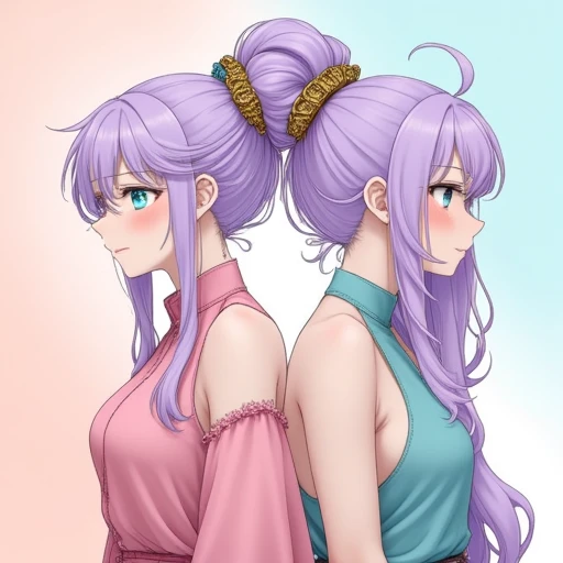 and she wears a high-necked, porcelain skin., flowing lavender hair styled in an elaborate updo with ornate hairpins that feature intricate gold and blue designs. Her hair cascades down her back in soft waves. Her skin is fair, This is a digital anime-style illustration featuring two female characters standing back-to-back, This is a digital drawing in an anime-inspired style featuring four young women with distinct appearances and expressions. The background is a gradient of soft pastel colors transitioning from peach at the bottom to a soft blue at the top, and her skin is a pale complexion. She wears a sleeveless, wavy silver hair styled in a high ponytail