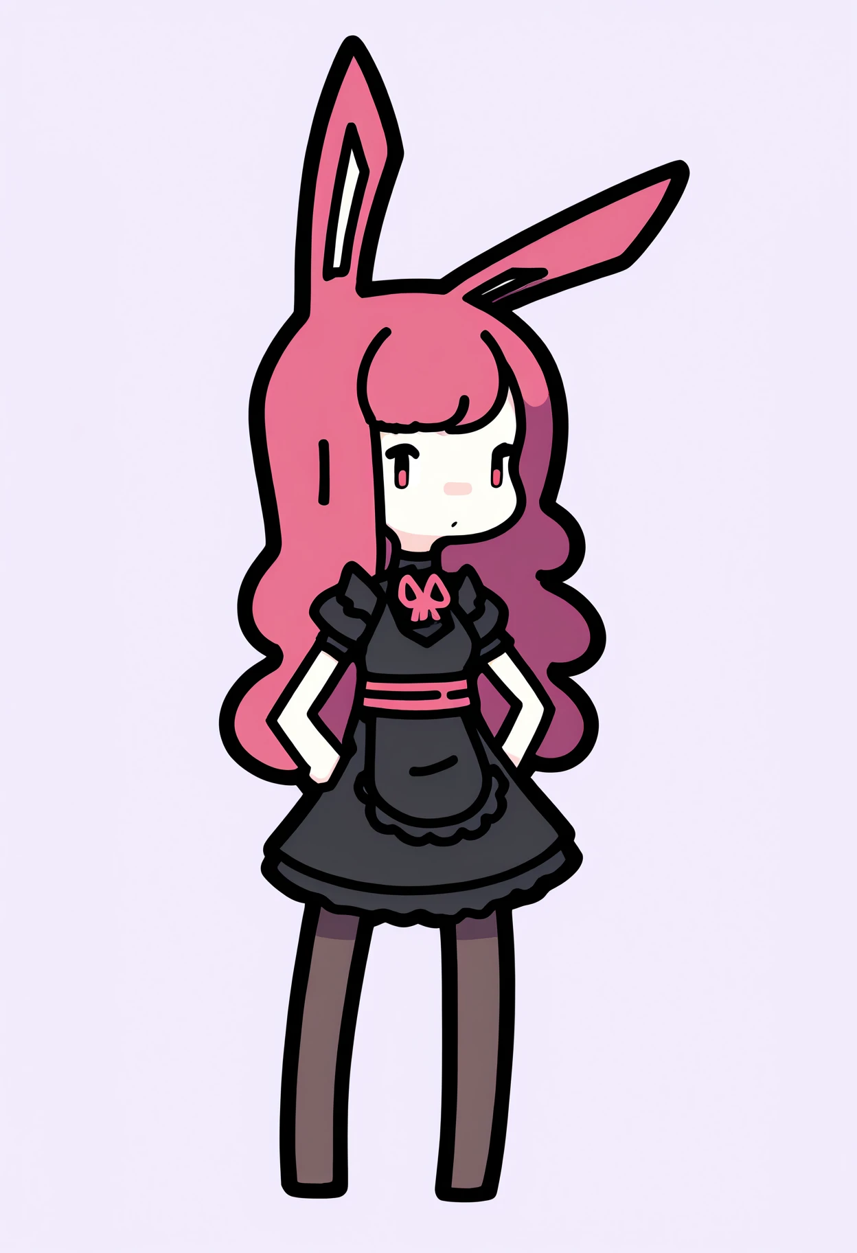 best quality, amazing quality, very aesthetic, absurdres,
1girl, chibi,
long hair, red hair, bunny ears,
black dress, maid, black stockings,
hands on hips, standing, full body, solo, looking at viewer, simple background, white background,   <lora:RabbitAndSteelIllustriousLocon_byKonan:1>