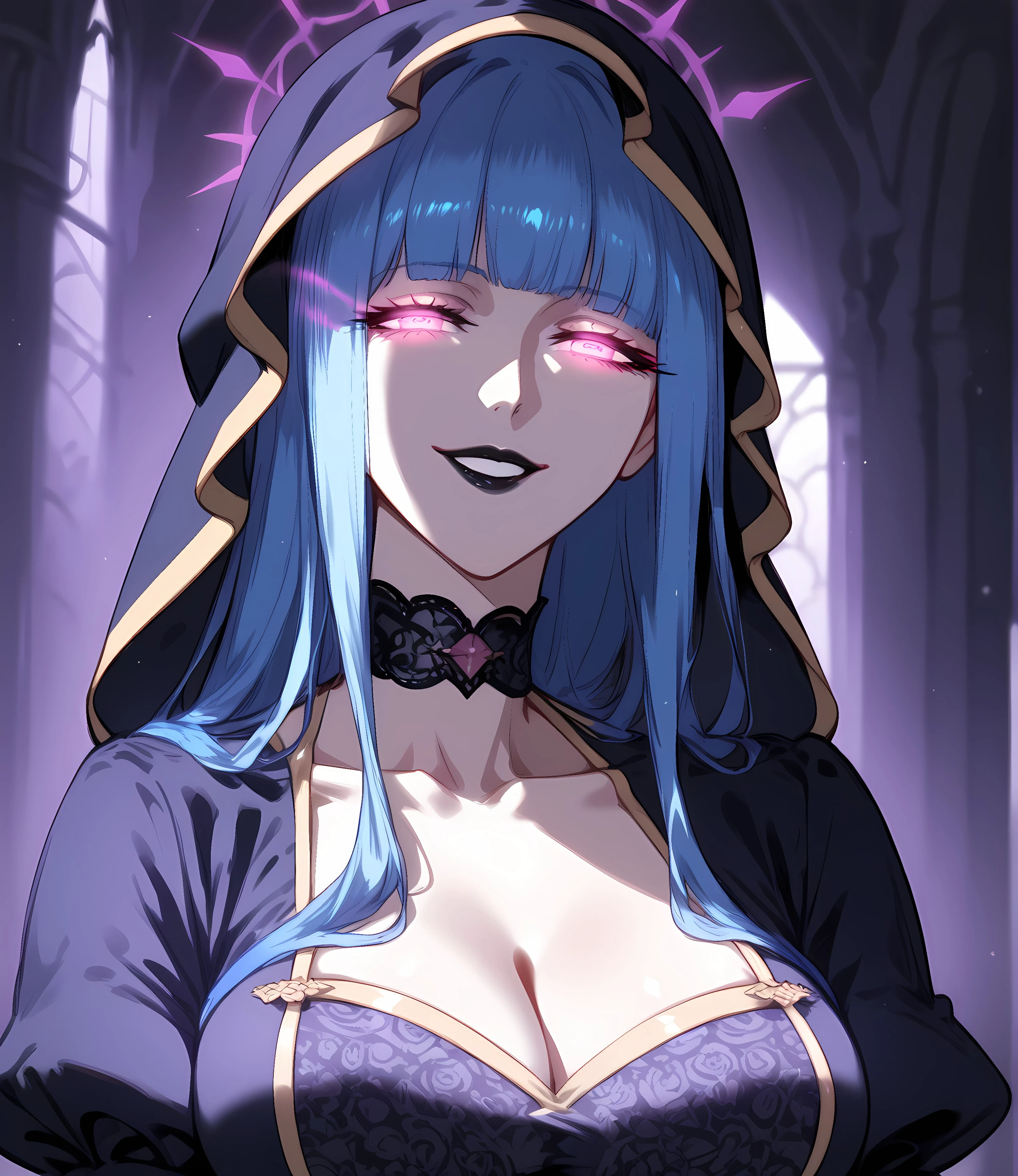 rating_all, score_10, score_9_up, score_8_up, score_7_up, source_anime, sharp focus, official art, slowmo, absurdres, depth of field, complex background, ultra detailed, 1girl, solo, lamashtu, pink eyes, blue hair, blunt bangs, long hair, makeup, black lipstick, lamashtu dress, hood, parted lips, wide smile, yandere, yandere trance, half-closed eyes, glowing eyes, charisma, pure evil, evil, Expressiveh, 4k, 8k, 16k, highly detailed, high res, shiny skin, dark theme, purple theme, luxury vampire castle, bokeh, cleavage, collarbone, crossed arms, royalty, smug, (charisma:1),
