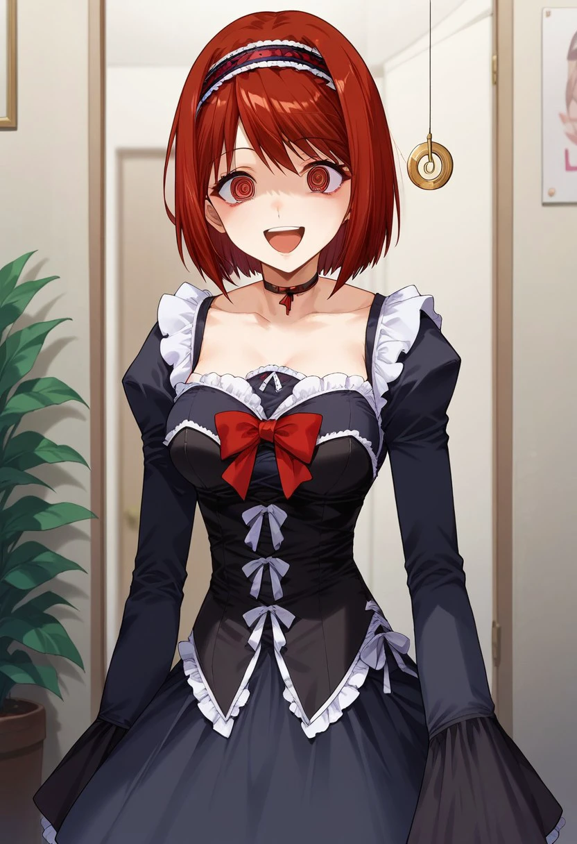 score_9, score_8_up, score_7_up, source_anime,red hair,short hair,red eyes, , indoors, 1girl, solo,looking at viewer, happy, nighttime,choker,hypnosis mind control,@-@,spiral in the eyes ,dress,long sleeves,gothic,red ribbon,ribbon, magical girl dress,hairband