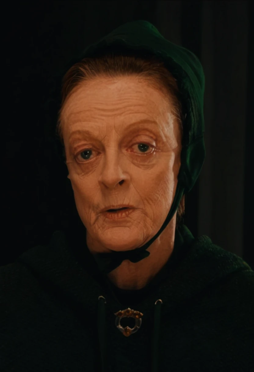 Minerva McGonagall, portrait, solo, single person, 1girl, modern 4K movie screencap, UHD 8K, Maggie Smith, dark green Nike hoodie, oversized hoodie, cinematic angle, volumetric lighting