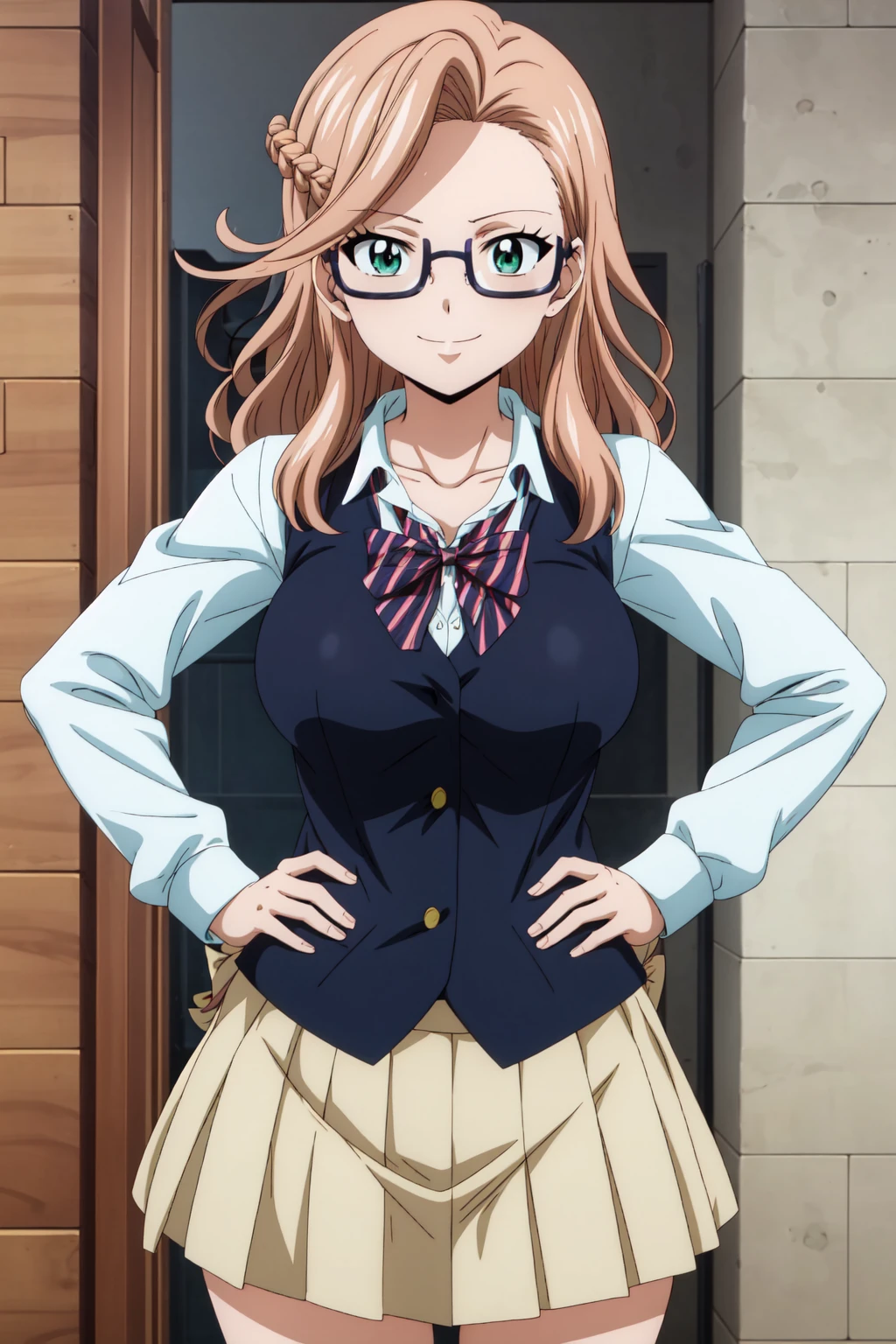 best quality, anime screencap, 1girl, solo, long hair, breasts, green eyes, glasses, french braid, anime coloring, light brown hair, karameel_v1, breasts, skirt, shirt, long sleeves, bow, school uniform, collarbone, white shirt, pleated skirt, striped, collared shirt, red bowtie, dress shirt, white skirt, striped bow, striped bowtie, brown vest, looking at viewer, smile, contrapposto, adult women, mature women