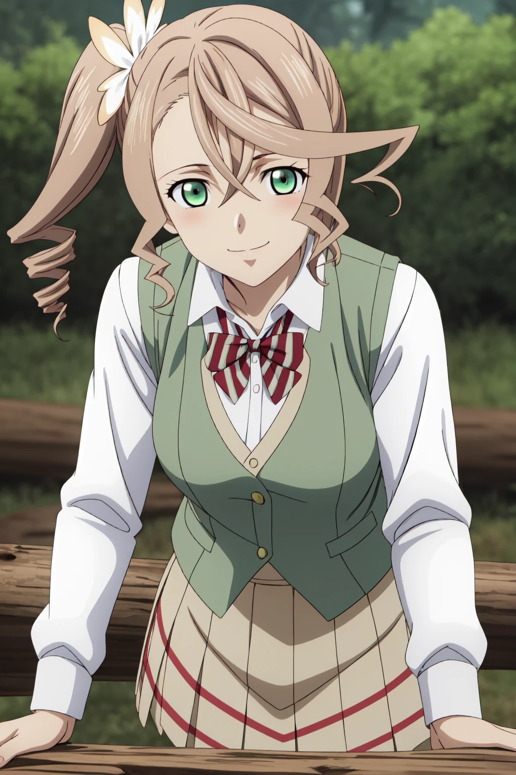 best quality, anime screencap, anime coloring, 1girl, solo, short hair, almond blonde hair, hair ornament, green eyes, side ponytail, drill hair, alisha_diphda, skirt, shirt, long sleeves, bow, school uniform, collarbone, white shirt, pleated skirt, striped, collared shirt, red bowtie, dress shirt, white skirt, striped bow, striped bowtie, (green vest:1.3), mature women, Balancing on a fallen log in a misty forest, she becomes one with the ethereal surroundings, smile, blushing, closed mouth