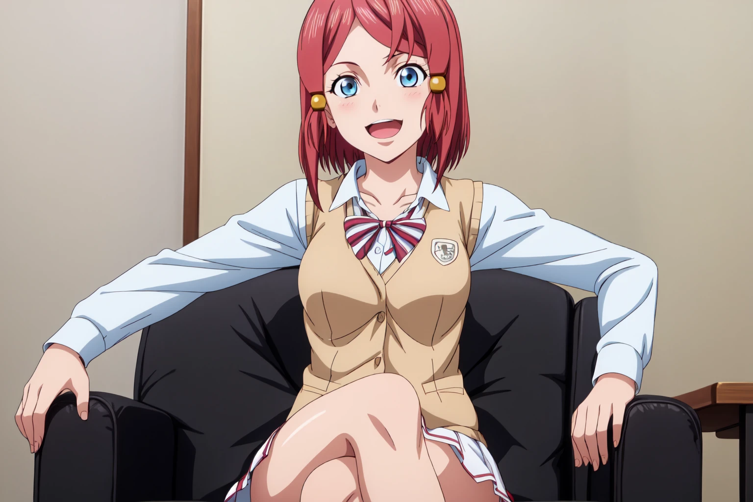 best quality, anime screencap, anime coloring, 1girl, solo, short hair, blue eyes, red hair, hair tubes, rose_sparrow, skirt, shirt, long sleeves, bow, school uniform, collarbone, white shirt, pleated skirt, striped, collared shirt, red bowtie, dress shirt, white skirt, striped bow, striped bowtie, (light brown vest:1.3), sitting, crossed legs, smile, blushing, open mouth