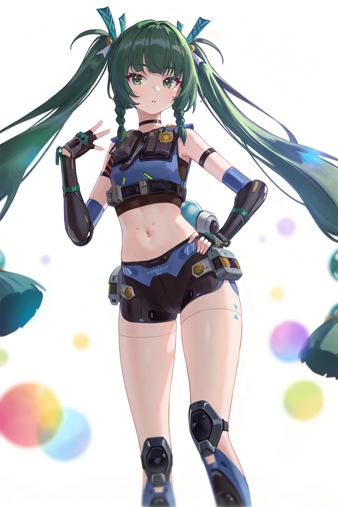 Anime girl with long green hair and black shorts posing - SeaArt AI