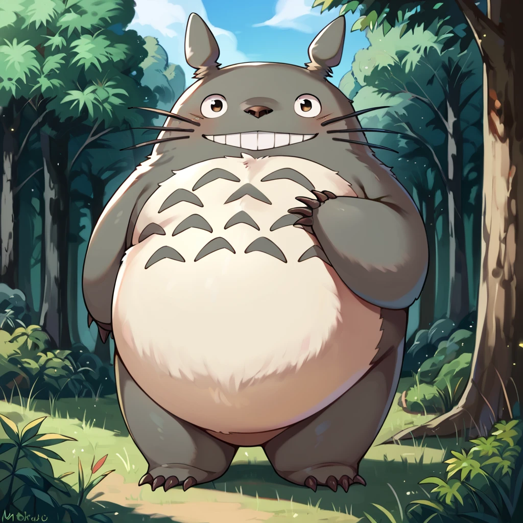 score_9, score_8_up, score_7_up, score_6_up, score_5_up, score_4_up,<lora:Totoro_My_Neighbor_Totoro_V2:1> totoro, studio ghibli, furry, fat, yellow fluffy belly, grey skin, big smile, claws, outside, forest background, forest scenery, :3, cute pose, full body, standing, looking at viewer, smiling