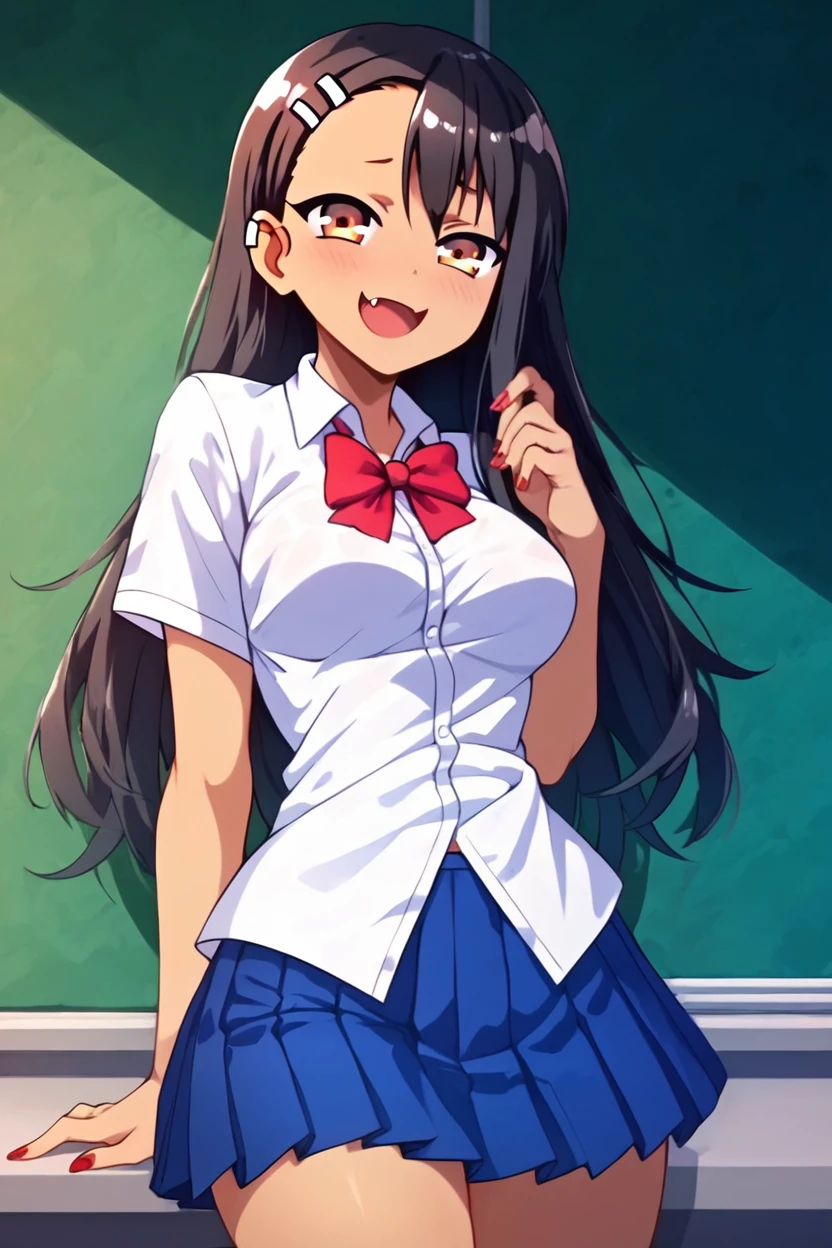 score_9, score_8_up, score_8, medium breasts, (curvy), cute, eyelashes,       ,,,       , BREAK, nagatoro hayase, long hair, bangs, black hair, hair ornament, brown eyes, hairclip, fang, dark skin, dark-skinned female, tan, skirt, shirt, school uniform, white shirt, pleated skirt, nail polish, blue skirt, red nails, earclip, <lora:NagatoroHayasePDXL_v1:0.8>,, <lora:ShoujoRamune_Style_PDXL_v2:0.9>, , BREAK,  smile, looking at viewer, cowboy shot,  embedding:zPDXL, Expressiveh, <lora:SDXLFaeTastic2400:0.5>,  <lora:Expressive_H-000001:0.4>,
