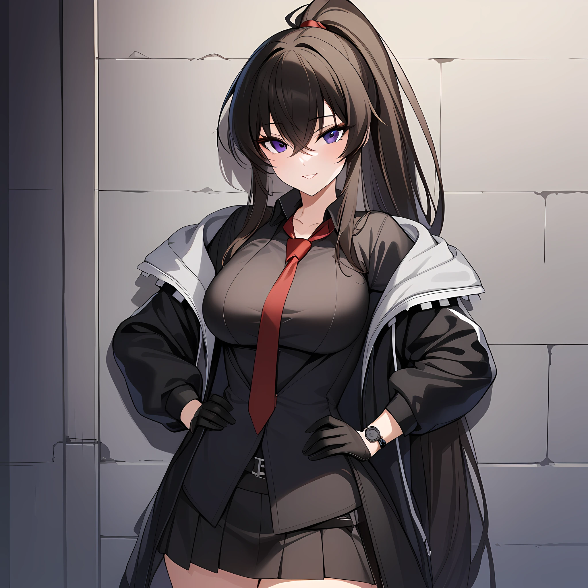 yoo_mina, 1girl, solo, long hair, purple eyes, gloves, necktie, black gloves, ponytail, skirt, jacket, shirt, portrait, upper body, very long hair, black jacket, open clothes, black shirt, black footwear, leaning on the wall, dark alleyway background, looking at viewer, hands on hip, seductive smile, <lora:Yoo_Mina:1>, (masterpiece),(best quality),(ultra-detailed),(best illustration),(best shadow),(absurdres),(detailed background),(very aesthetic),