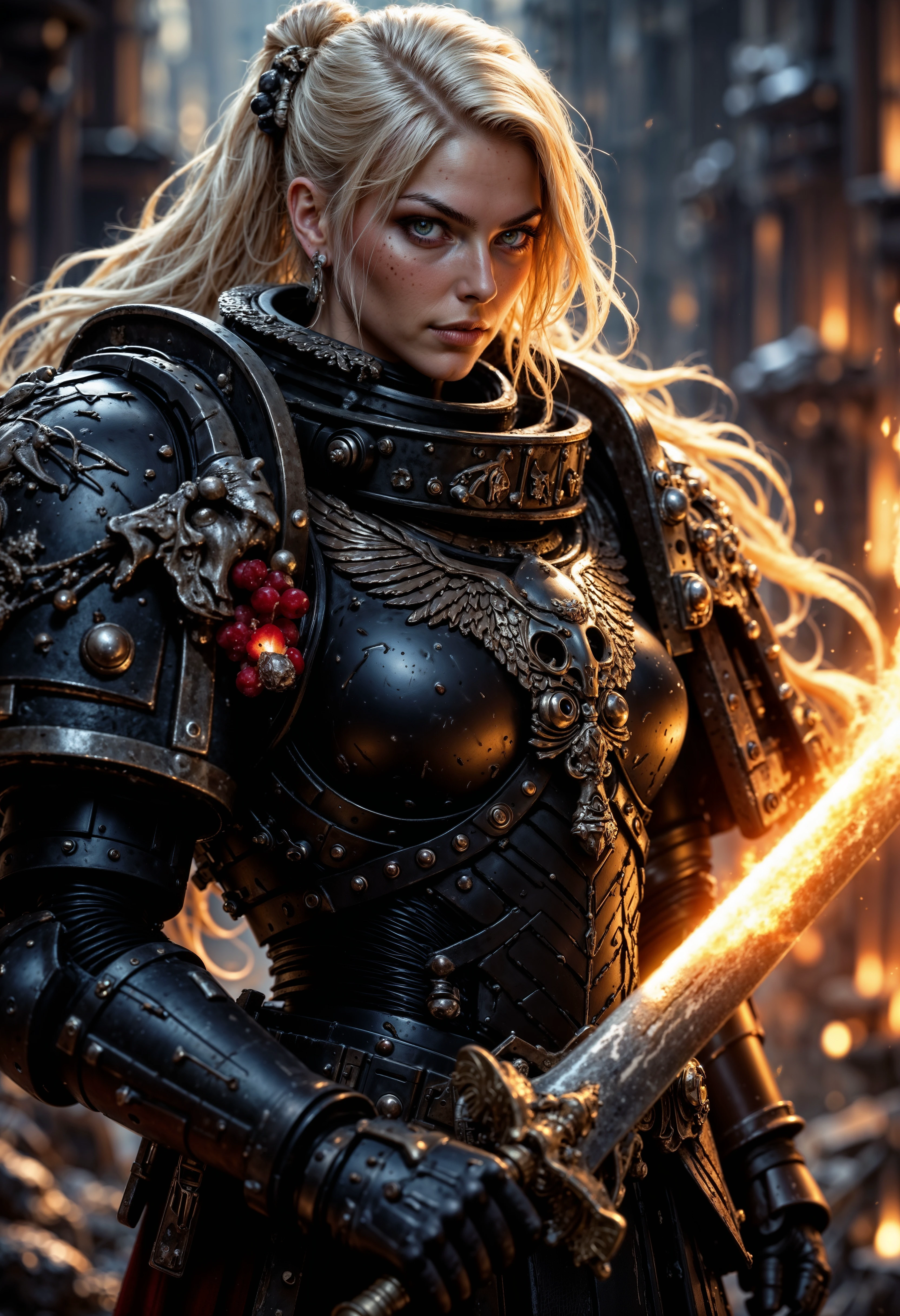 blonde female knight, wearing RavenG40k power armor, and holding a flaming sword   <lora:FluxRavenG40k:0.8> <lora:FluxMythP0rtr4itStyle:0.7>