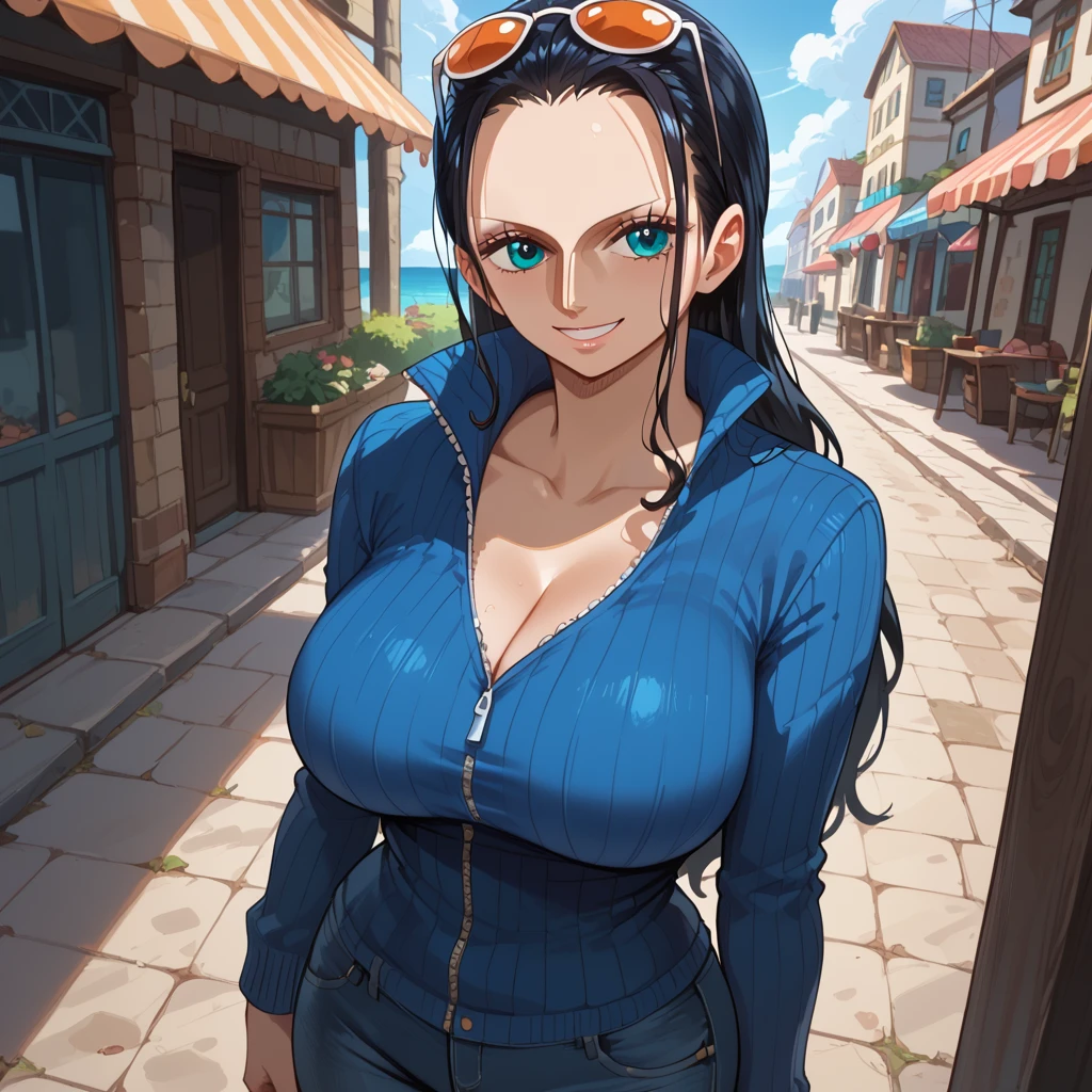 score_9, score_8_up, score_7, 4K definition, high defitinition, best quality, master piece, great artist, dynamic angle, good coloring, good shadows, highly detailed, detailed eyes, solo, 1girl,  nico robin , blue eyes, very long hair, eyewear on head, hair slicked back, large breasts, looking at viewer, smile, standing, sunglasses,  outdoors, blue sweater, jeans, <lora:Nico_Robin:1>