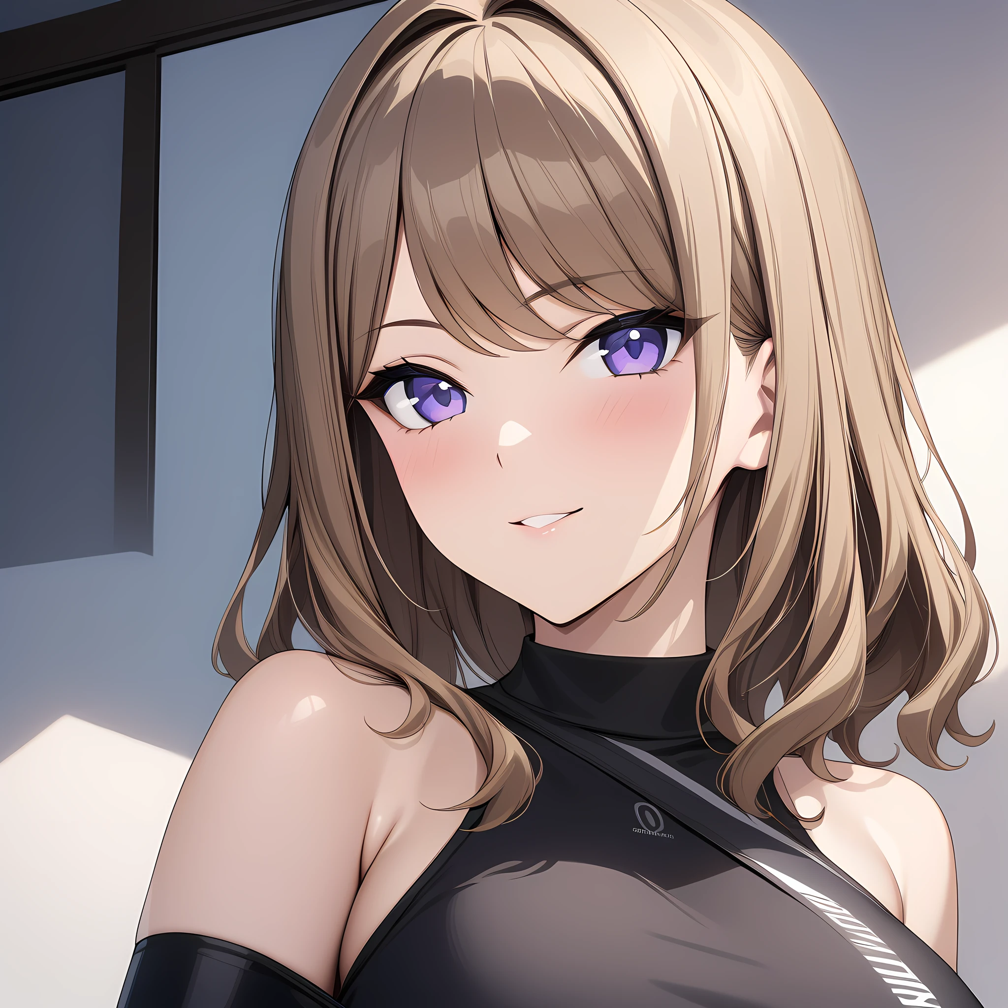 suminoe_shion, light brown hair, purple eyes, large breasts, bangs, black shirt, black sportswear, bare shoulder, knee guard, fingerless gloves, seductive smile, standing, from the front, upper body view, portrait, <lora:XL-SuminoeShion:1>, (masterpiece),(best quality),(ultra-detailed),(best illustration),(best shadow),(absurdres),(detailed background),(very aesthetic),