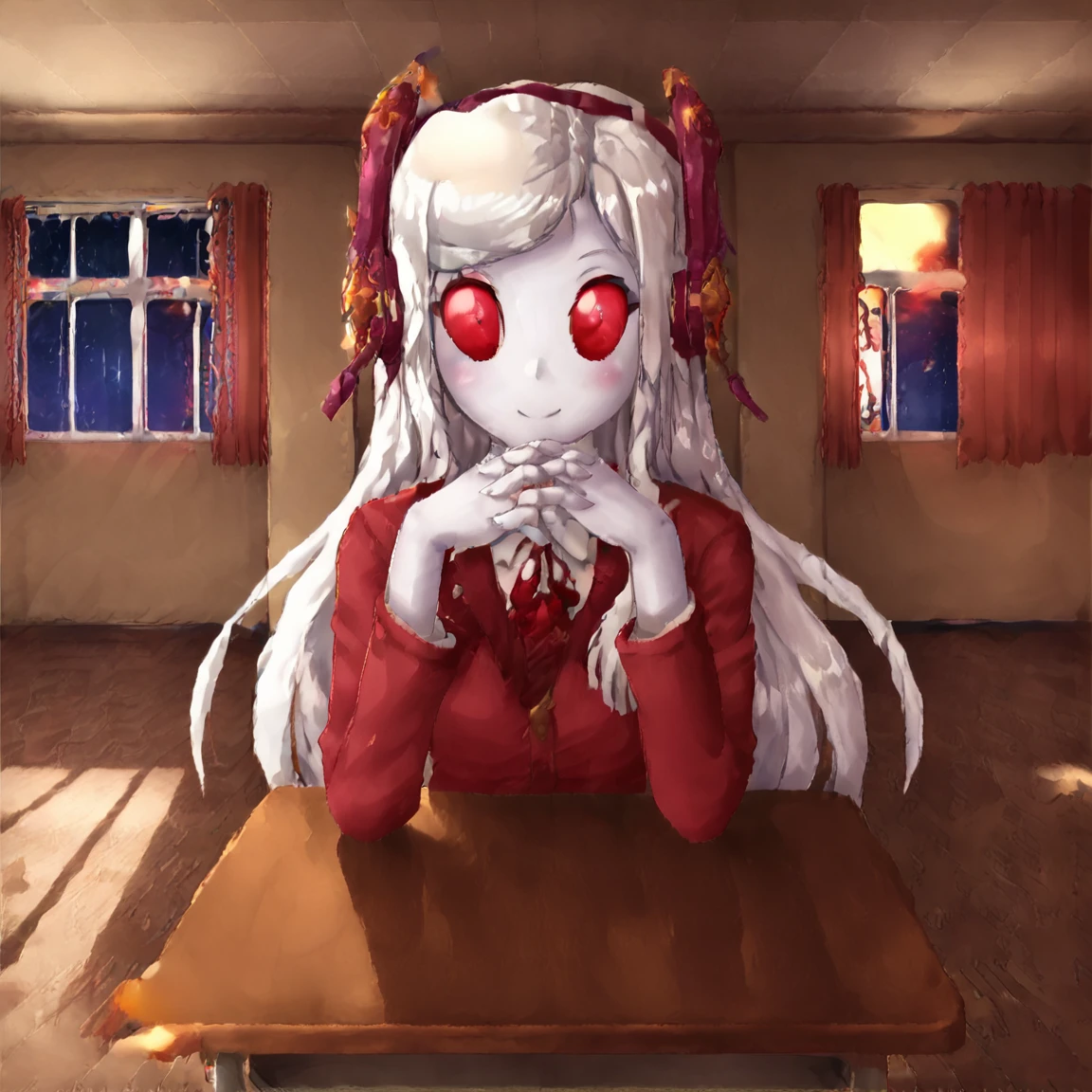 <lora:Monikas_Room:0.8> indoors, window, looking at viewer, classroom, desk, star (sky), school, school desk, interlocked fingers
 <lora:President_Paralell_Susie:1> parasusiepres, solo, 1girl, red eyes, white hair, long hair, android, white skin, colored skin