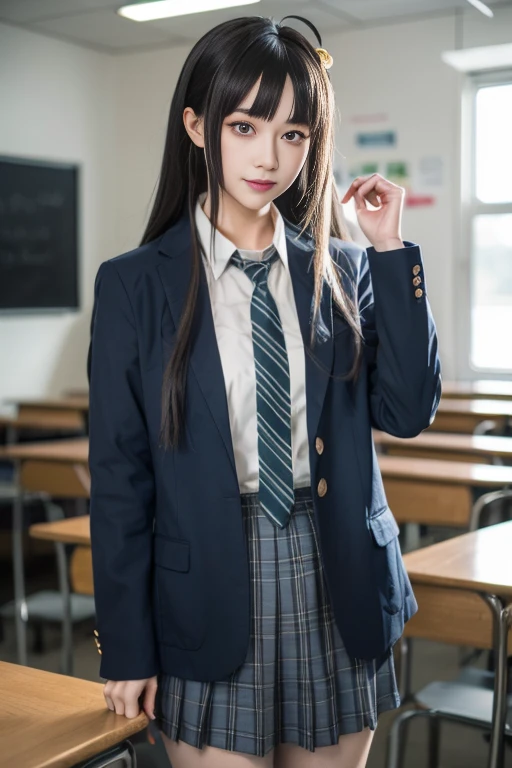 Highest quality、shape、 Very detailed、finely、 High resolution、8k wallpaper、完璧なダイナミックな構shape、Beautiful 17 year old girl、A neat and mature high school girl、Beautiful face in every detail、Beautiful eyes in every detail、Rough skin、かすかなsmile、Small breasts、Bold sexy pose、((Schoolgirl uniform、Long Hair:1.4))、((Looking at the audience、smile))、((open chest shirt、classroom:1.3))、((Loose tie、Kneel、mini skirt:1.4))
