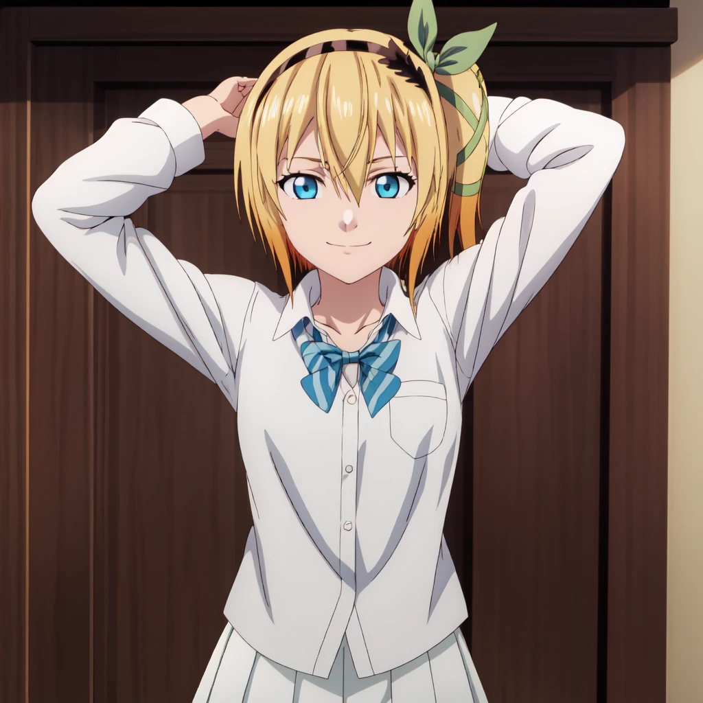 best quality, anime screencap, anime coloring, 1girl, solo, short hair, blue eyes, blonde hair, hair between eyes, hair ribbon, hairband, side ponytail, edna_yulind, skirt, shirt, long sleeves, bow, school uniform, collarbone, white shirt, pleated skirt, striped, collared shirt, red bowtie, dress shirt, white skirt, striped bow, striped bowtie, Standing with arms folded above the head, smile, closed mouth