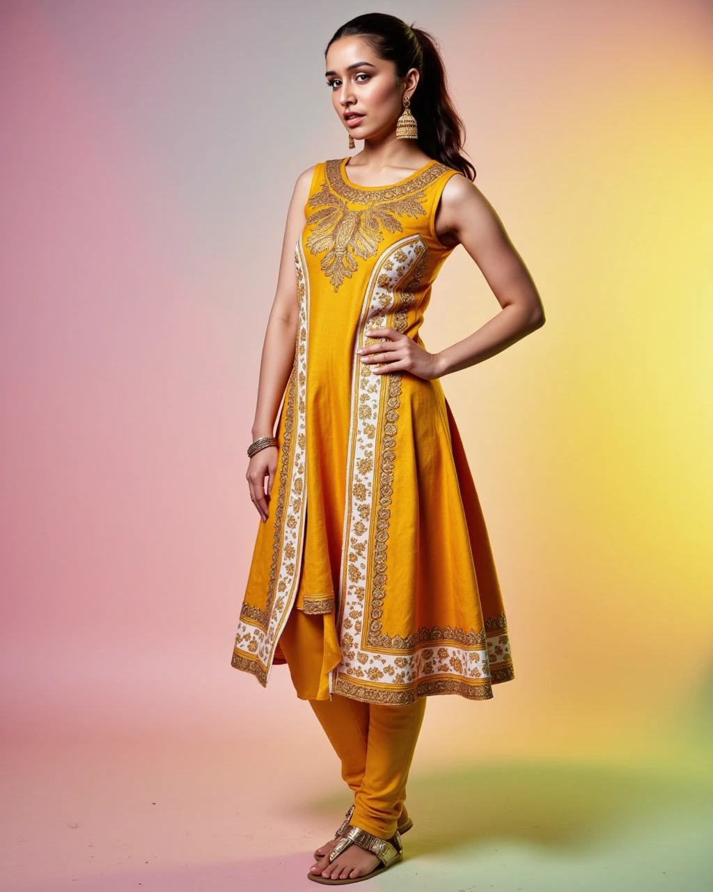 full body photo of a Shraddha Kapoor woman,candid photo with natural colors, shouting expression on face,studio quality, wearing intricate conservative sleeveless Ochre Phulkari Suit, high ponytail, pastel shaded multicolored background, cinematic soft lighting<lora:TestBed\Shraddha_Kapoor_2024_Flux_Kohya_V1.safetensors:1.0:1.0>