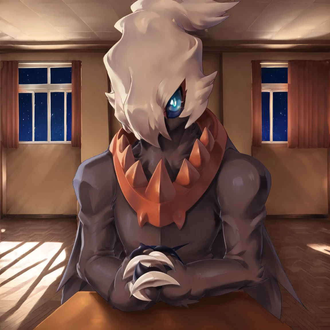 <lora:Monikas_Room:0.8> indoors, window, looking at viewer, classroom, desk, star (sky), school, school desk, interlocked fingers
 <lora:Darkrai:1> d4rkr4i, solo, pokemon (creature), blue eyes, bright pupils, colored sclera, claws