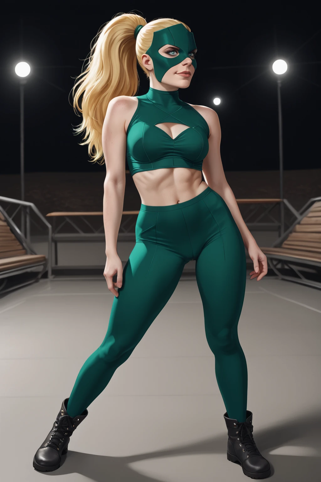 <lora:Artemis_PDXL_spamb0t:0.8>,DC_Comics_Artemis BREAK long blonde ponytail BREAK green mask BREAK green bodysuit, midriff, navel BREAK freckles BREAK black boots
BREAK flirty,playful,sultry,seductive,sexually suggestive,standing with arms forming a heart, feet together BREAK three-quarter angle view, medium shot BREAK flirtatious smile with eyes closed, head slightly back, lips parted
BREAK high quality,film grain,cinematic lighting,volumetric lighting,modeling shoot 
BREAK (hyper detail,insanely detailed,best quality,masterpiece,photorealistic:1.3)