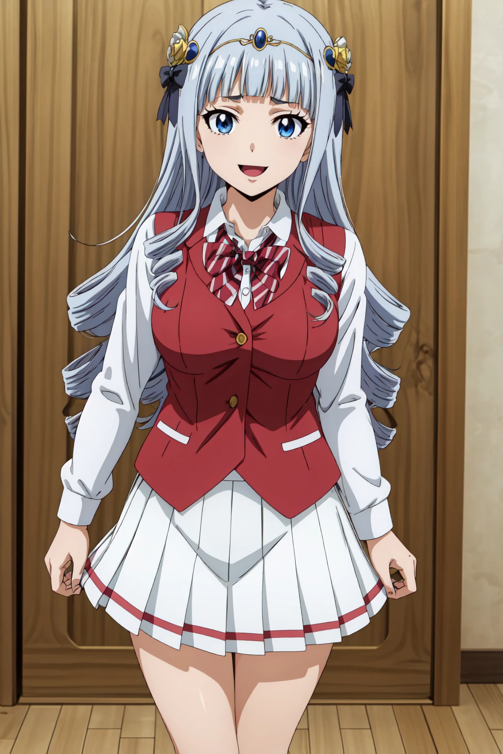 best quality, anime screencap, anime coloring, 1girl, solo, long hair, bangs, blue eyes, silver hair, blunt bangs, sidelocks, drill hair,  hair ornament, touka_faris_v1, breasts, skirt, shirt, long sleeves, bow, school uniform, collarbone, white shirt, pleated skirt, striped, collared shirt, red bowtie, dress shirt, white skirt, striped bow, striped bowtie, (red vest:1.2), looking at viewer, happy, (standing, legs apart:1.1)