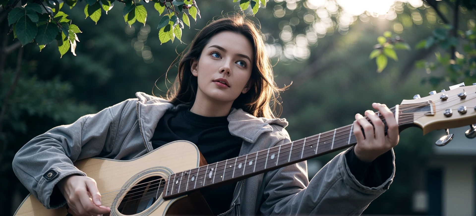 1girl,solo,makeup,coat,blue eyes,playing guitar,dynamic view,((from below)),blue sky,((sunlight)),simple background,blurry,depth of field,portrait,((realistic)),Highly detailed,(ultra-detailed),(best quality,masterpiece:1.5),<lora:dark:0.7>,