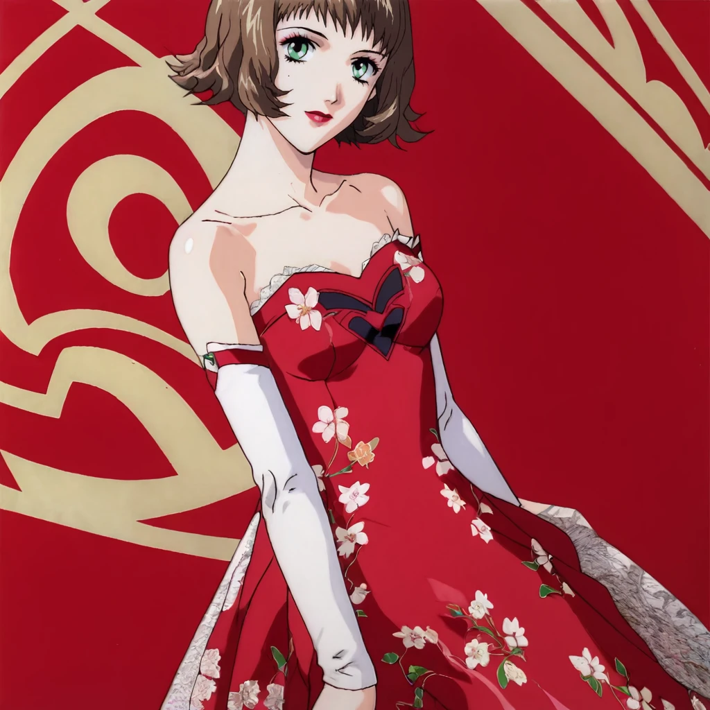 <lora:jungatchamanova_pony_v1:.8>Jun, 1girl, brown hair, short hair, green eyes,  lipstick, makeup, cowboy shot,  <lora:1007 Chinese wedding dress_v1_pony:1> ruanyi1007,bare shoulders,detached sleeves,red dress,floral print,strapless dress,