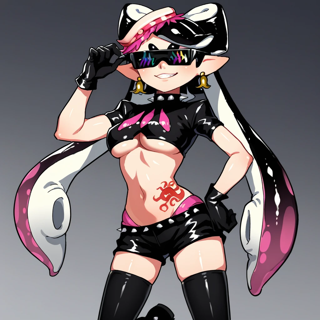 score_9, score_8_up, score_7_up, score_6_up, score_5_up, score_4_up, zPDXL2,source_anime,rating_questionable, 1girl, solo, smile, cowboy shot, callie (splatoon), <lora:hypnoshades:0.8>hypsh4d3s, midriff, crop top,  sunglasses, earrings, black shirt, short sleeves, short shorts, ankle boots, underboob cutout, covered eyes, stomach tattoo, spiked collar, legwear under shorts, black gloves