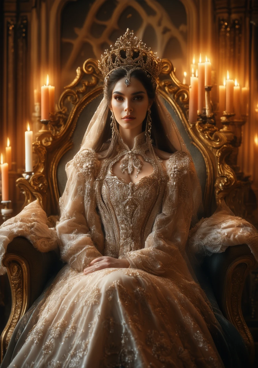 Arafed woman in a wedding dress sitting in a chair with candles - SeaArt AI