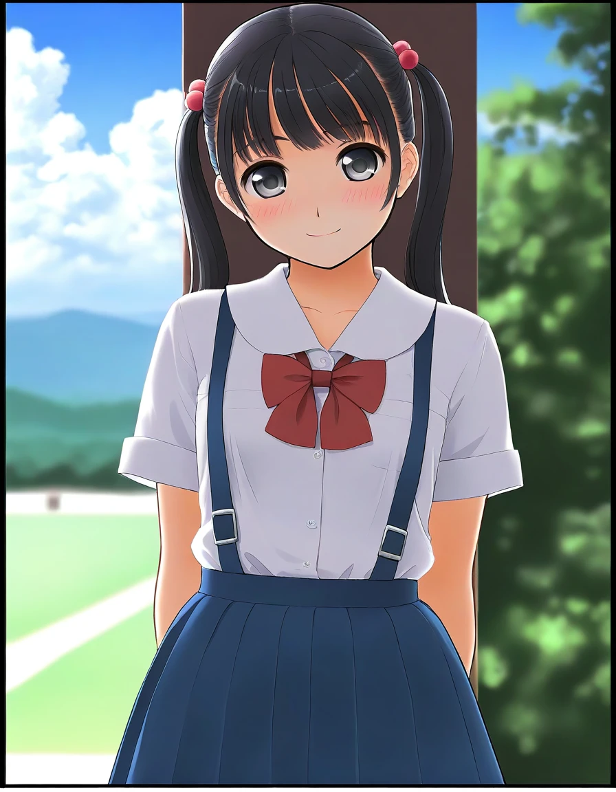 masterpiece, best quality, good quality, <lora:Tsutsumi_Kinuka_IS:0.8> Tsutsumi_Kinuka, 1girl,solo, hair ornament, hair bobbles, bangs, twintails, black hair, black eyes, suspenders, day, smile, looking at viewer, short sleeves, blue skirt, school uniform, pleated skirt, bow, suspender skirt, red bow, bowtie, red bowtie, long hair, bangs, closed mouth, cloud, collared shirt, cowboy shot, sky, border, blush, black border, blurry, standing, blue sky,
Show less