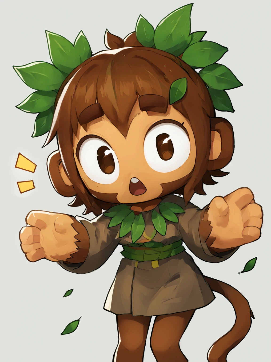 score 6 up,highres <lora:btd6.v3:1> furry, monkey, btd6, no nose, 1girl,tail, white background,looking at viewer, simple background, solo
leaf hair ornament, brown hair, surprised, open mouth,