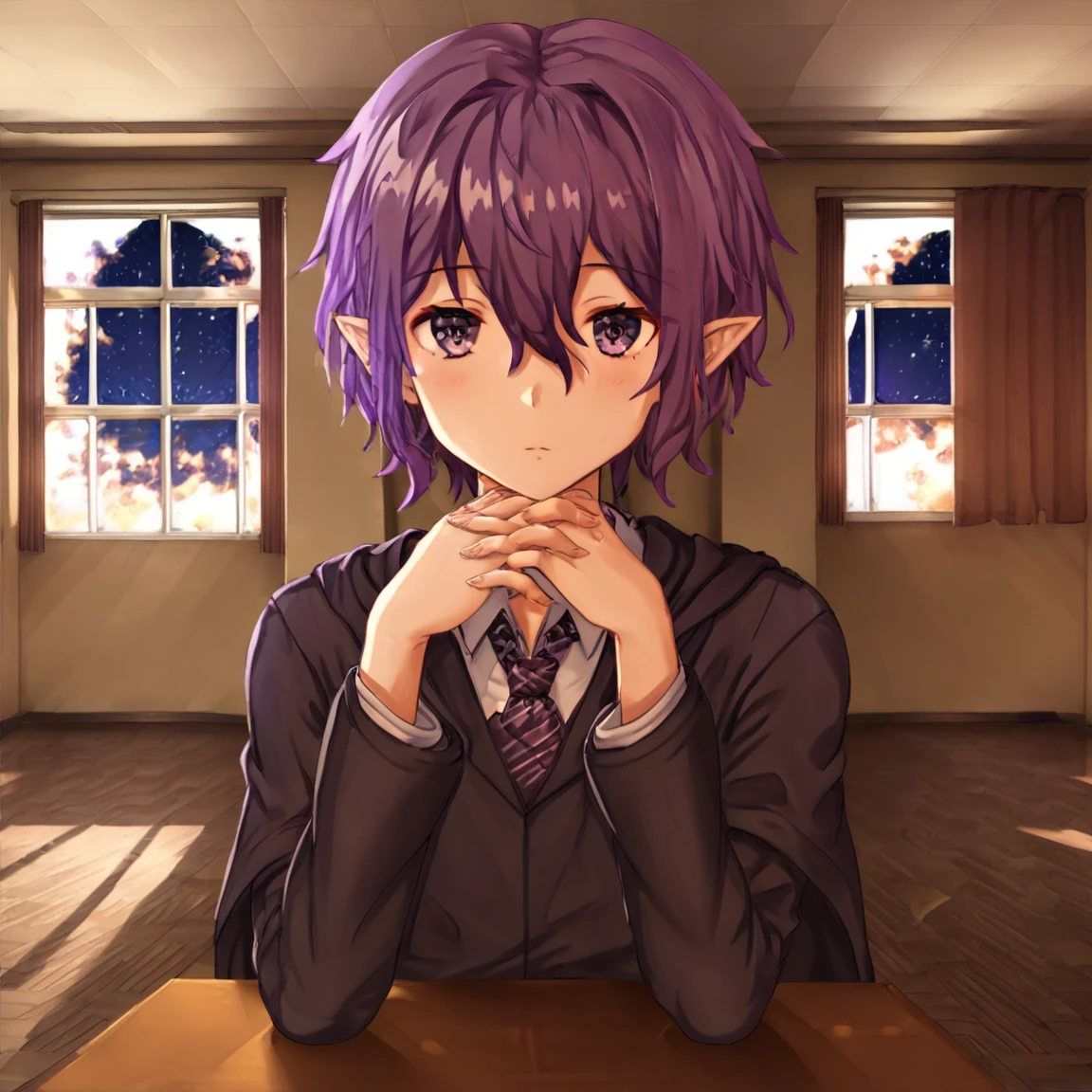 <lora:Monikas_Room:0.8> indoors, window, looking at viewer, classroom, desk, star (sky), school, school desk, interlocked fingers
 <lora:Emerada:1> 3m3rada, 1boy, solo, black hooded cloak, short hair, pointy ears, hair between eyes, purple hair