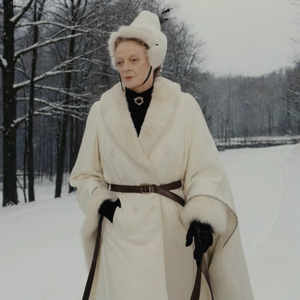 Minerva McGonagall, portrait, solo, single person, 1girl, modern 4K movie screencap, UHD 8K, Maggie Smith, white ushanka, oversized hood with fluffy edges, long white winter coat with fur edges, white fur trim,white snow shawl with fur edges, Waist Belt, Layered Design, white boots, gloves, cinematic angle, volumetric lighting