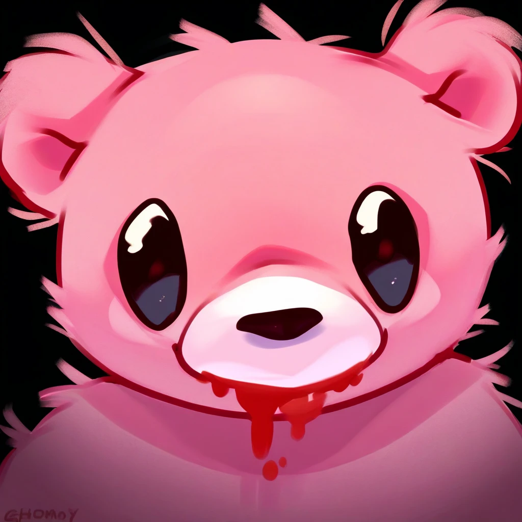 score_9, score_8_up, score_8, furry, Gloomy, bear, pink fur, black eyes, red juice from mouth, cartoon style, 2d, furry male, upper body focus, face close up, solo, head tilt, looking at viewer, black background